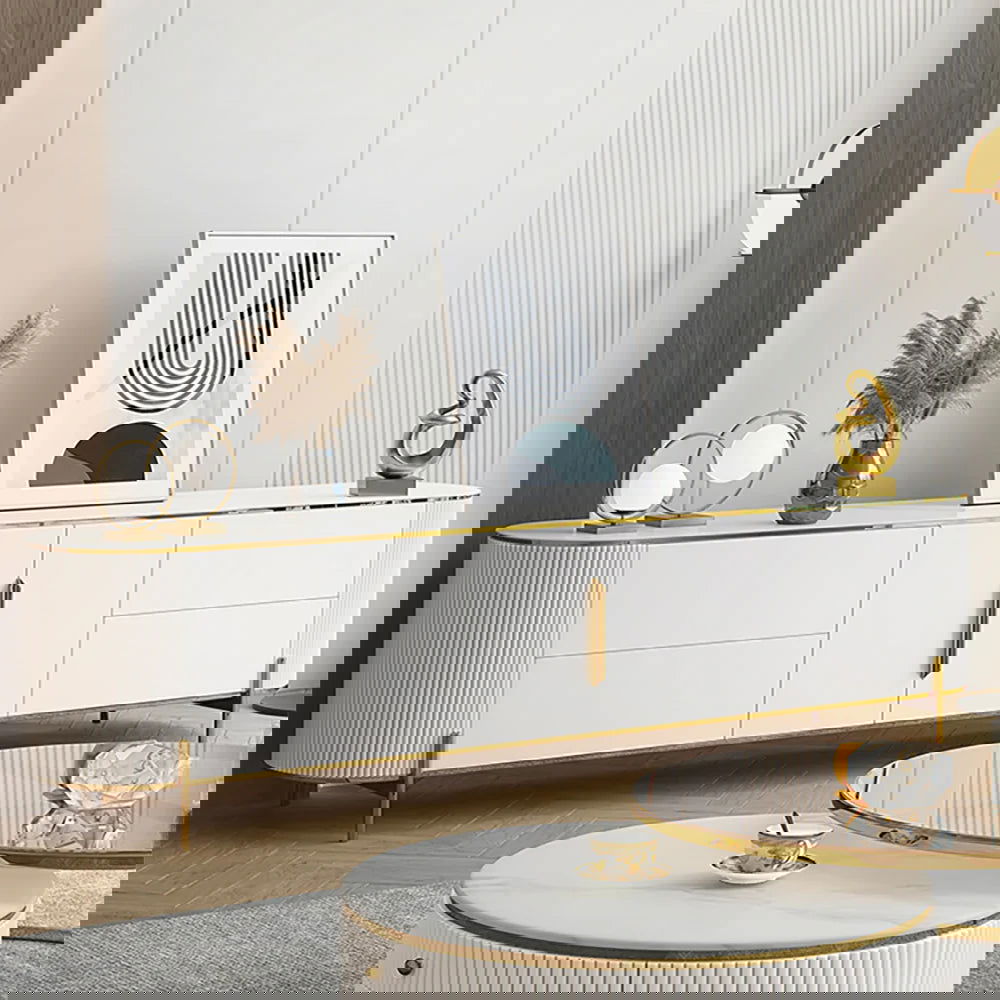 2200mm Modern Elegant Oval TV Console with Drawers & Doors in White - Homary