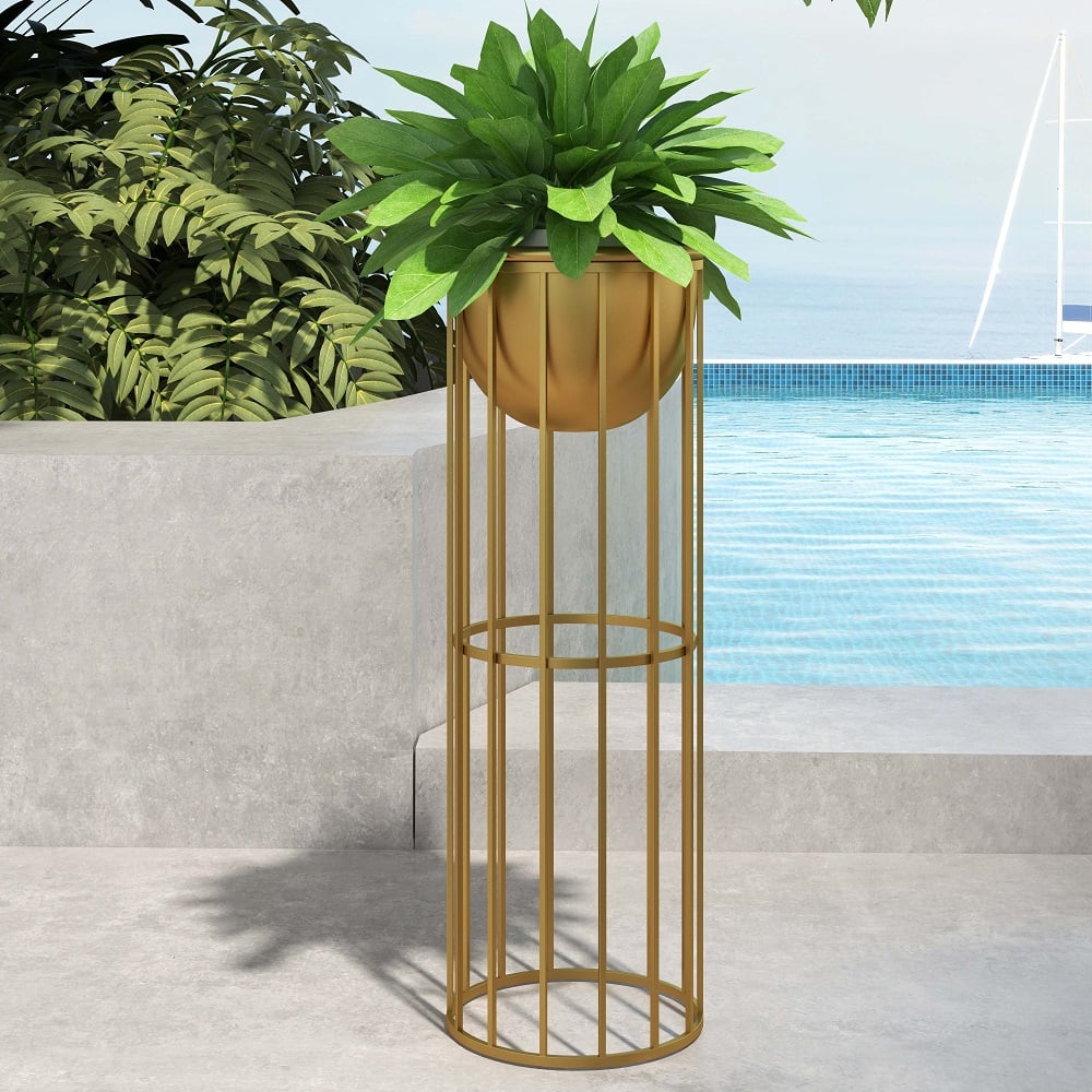 23.6" Gold Plant Pot Indoor Modern Metal Planter with Gold Stand for Living Room - 