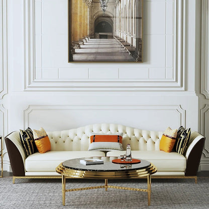 2360mm Faux Leather Upholstered Sofa White & Brown Mid-Century Couch Curved Tufted Back - Homary
