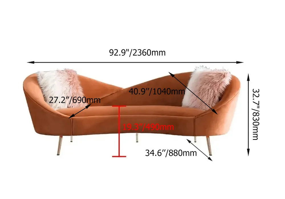2360mm Modern Orange Velvet Upholstered Large 3-Seater Curved Sofa - 