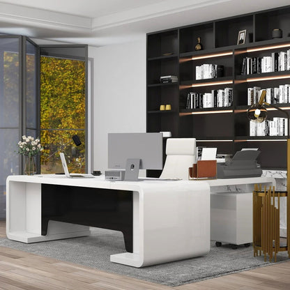 2400mm L-Shaped Modern Executive Desk of Left Hand with Drawers in White & Black - 