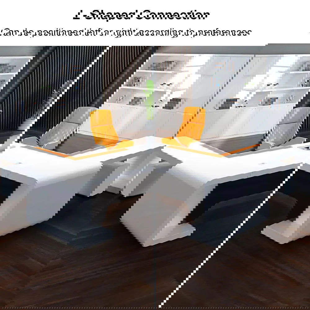 2400mm L-Shaped Modern Executive Desk of Left Hand with Drawers in White & Black - 