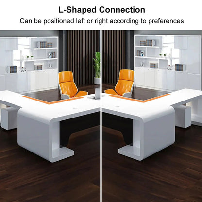 2400mm L-Shaped Modern Executive Desk of Left Hand with Drawers in White & Black - 