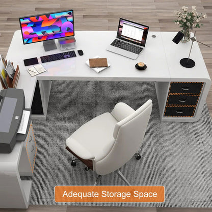 2400mm L-Shaped Modern Executive Desk of Left Hand with Drawers in White & Black - 
