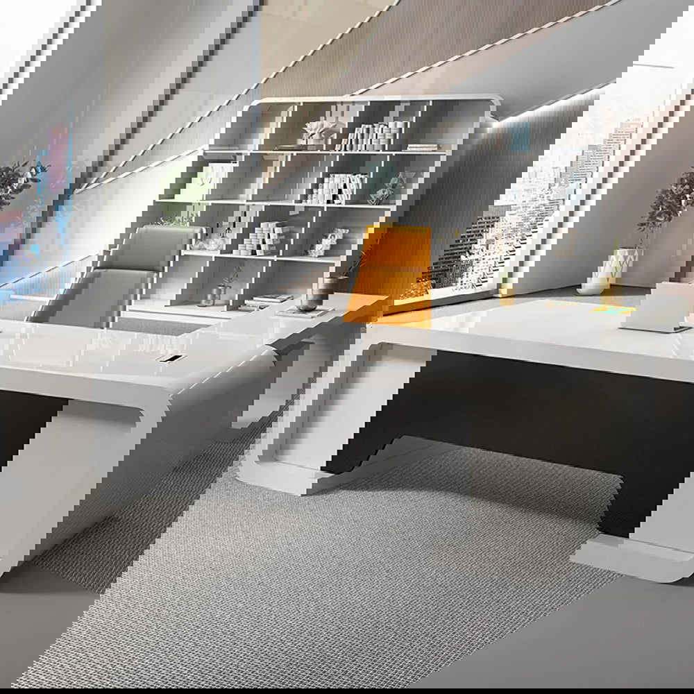 2400mm L-Shaped Modern Executive Desk of Left Hand with Drawers in White & Black - Homary