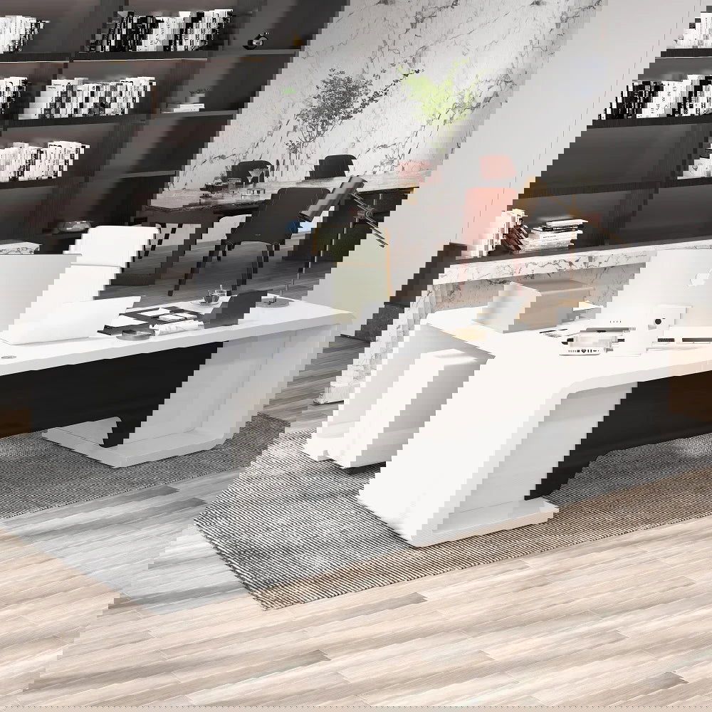 2400mm L-Shaped Modern Executive Desk of Right Hand with Drawers in White & Black - Homary