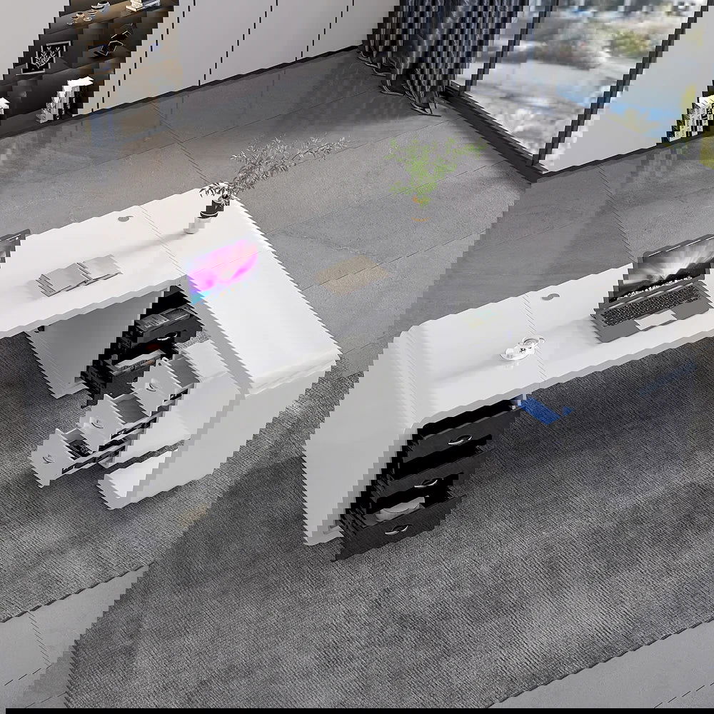 2400mm L-Shaped Modern Executive Desk of Right Hand with Drawers in White & Black - Homary