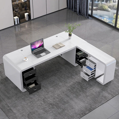 2400mm L-Shaped Modern Executive Desk of Right Hand with Drawers in White & Black - Homary