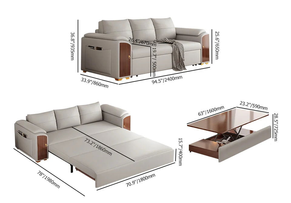 2400mm Pull Out Sofa Bed Convertible Leath-Aire Sleeper with Lift-top Coffee Table - 