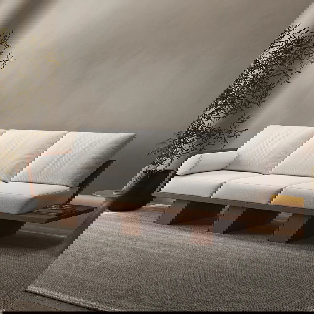 2460mm Walnut Japandi Solid Wood Living Room Sofa 3-Seater Cotton & Linen Upholstery - 