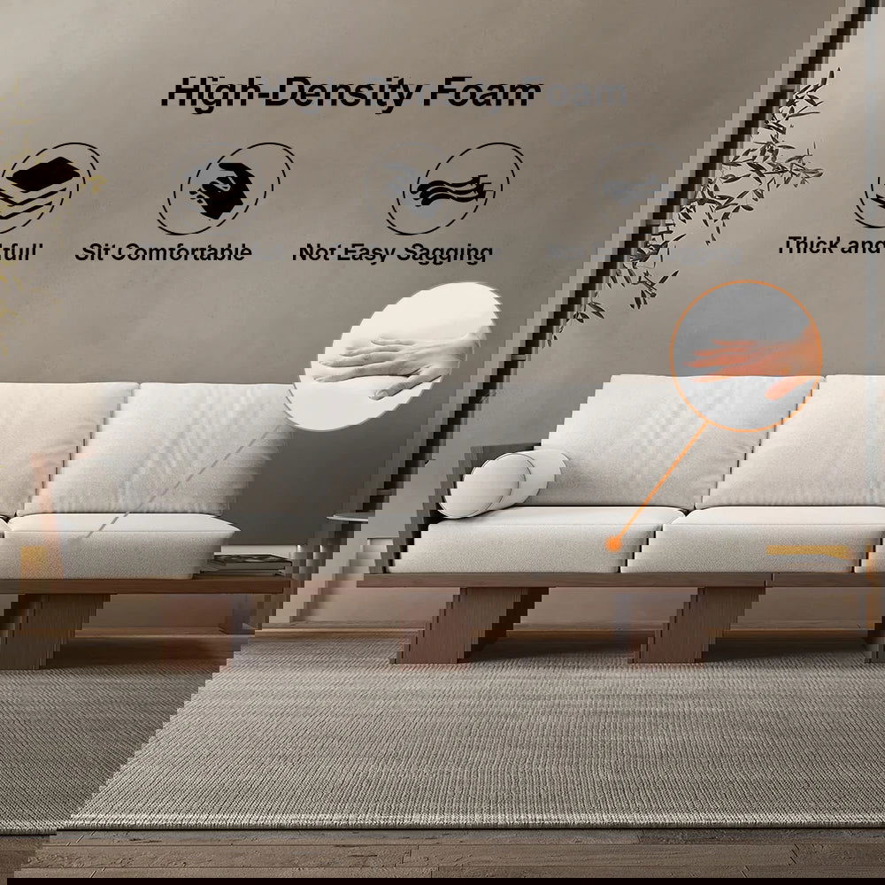 2460mm Walnut Japandi Solid Wood Living Room Sofa 3-Seater Cotton & Linen Upholstery - 