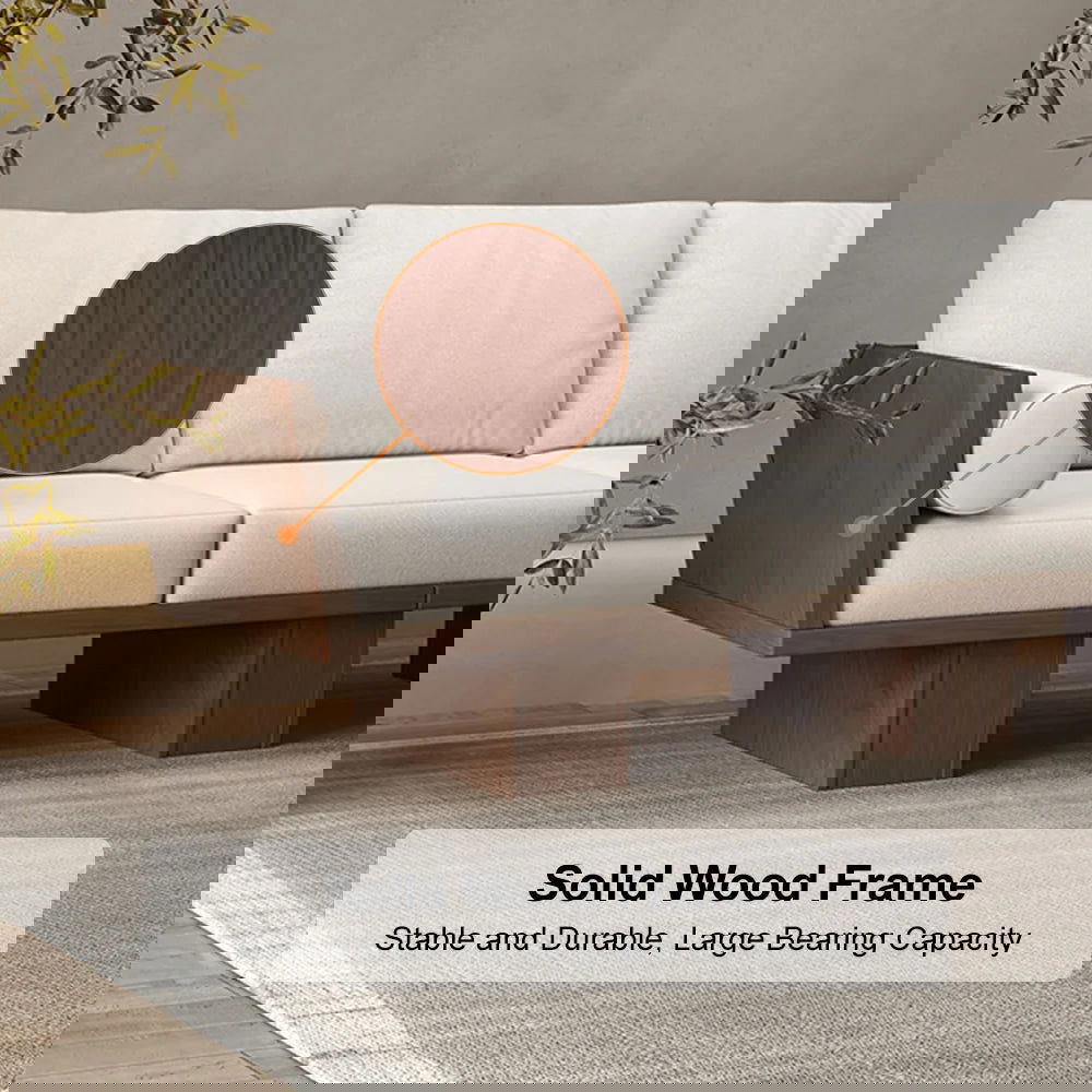 2460mm Walnut Japandi Solid Wood Living Room Sofa 3-Seater Cotton & Linen Upholstery - 