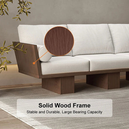 2460mm Walnut Japandi Solid Wood Living Room Sofa 3-Seater Cotton & Linen Upholstery - 