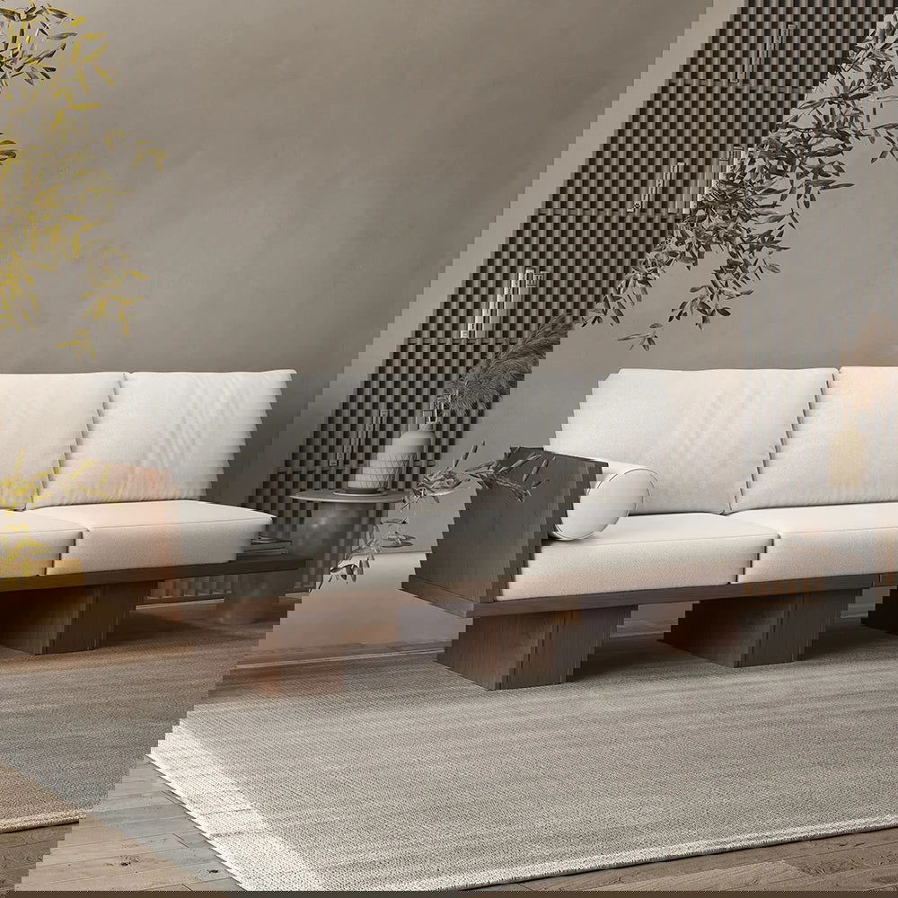 2460mm Walnut Japandi Solid Wood Living Room Sofa 3-Seater Cotton & Linen Upholstery - Homary