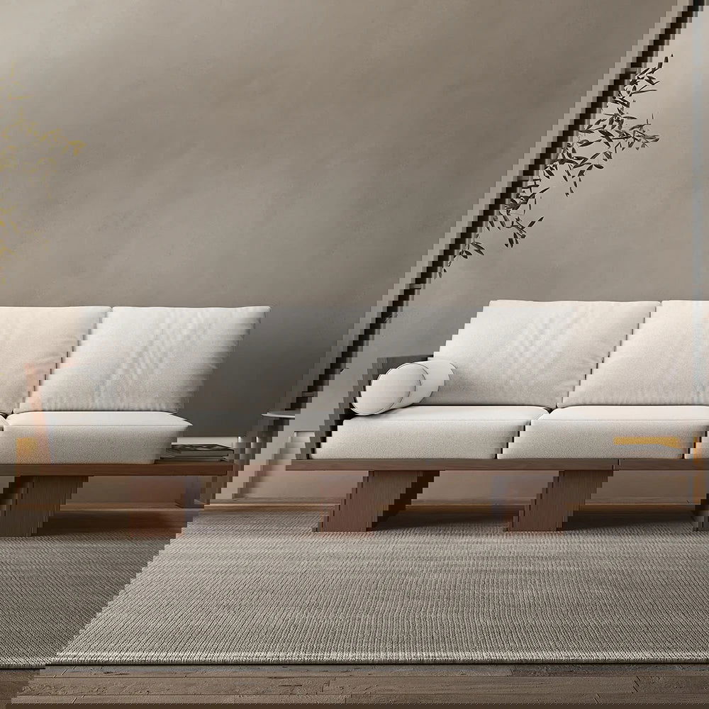 2460mm Walnut Japandi Solid Wood Living Room Sofa 3-Seater Cotton & Linen Upholstery - Homary