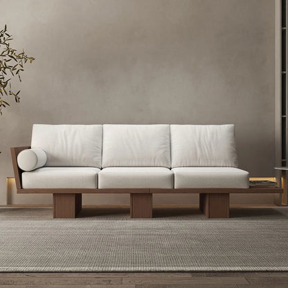 2460mm Walnut Japandi Solid Wood Living Room Sofa 3-Seater Cotton & Linen Upholstery - Homary