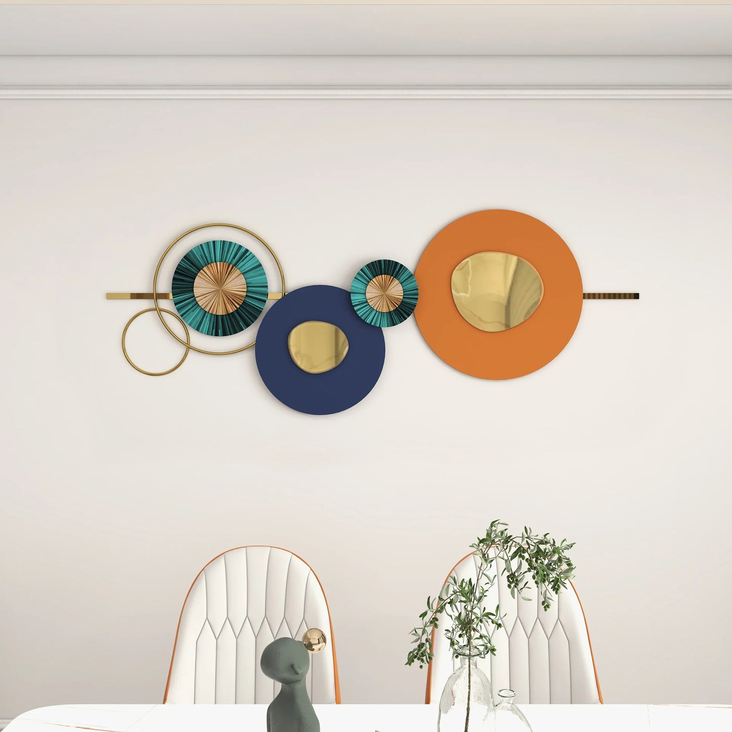 Modern Metal Wall Decor Geometric Round Home Wall Art Orange & Gold & Blue Living Room