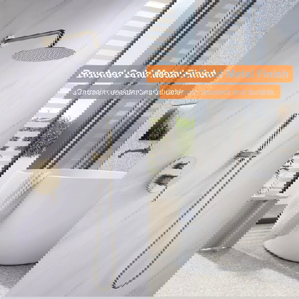 250mm Brushed Gold Wall Mounted Shower System with Handheld Shower Solid Brass - 