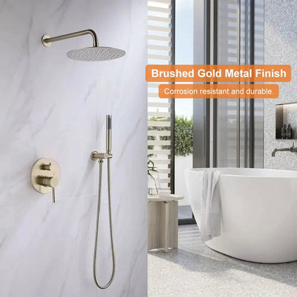 250mm Brushed Gold Wall Mounted Shower System with Handheld Shower Solid Brass - 