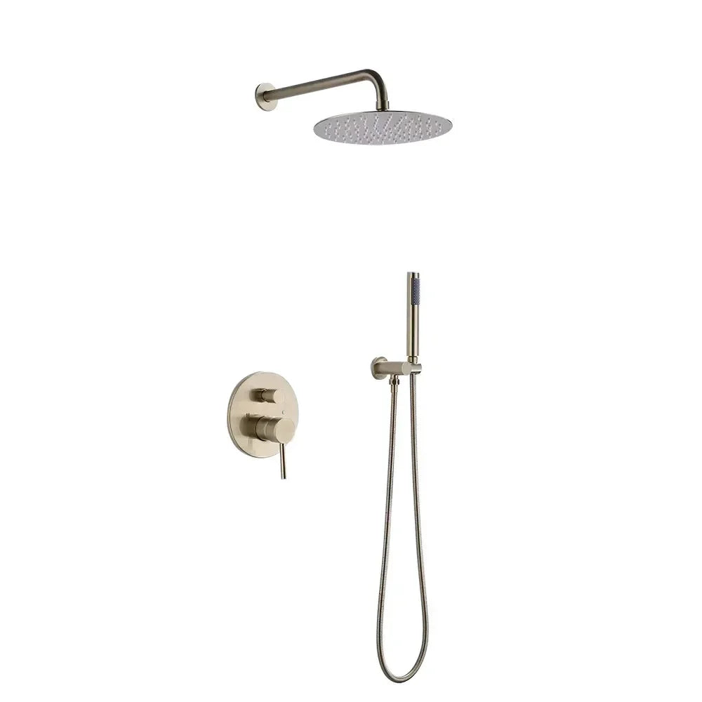 250mm Brushed Gold Wall Mounted Shower System with Handheld Shower Solid Brass - 