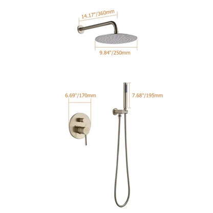 250mm Brushed Gold Wall Mounted Shower System with Handheld Shower Solid Brass - 