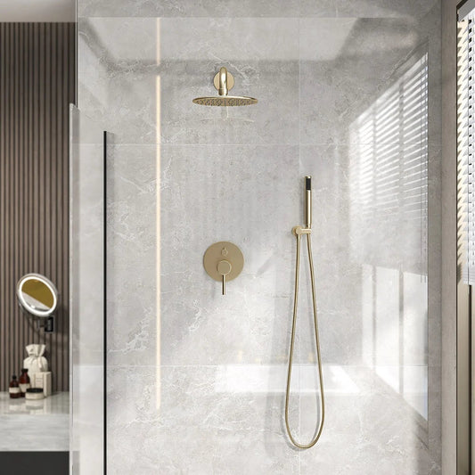 250mm Brushed Gold Wall Mounted Shower System with Handheld Shower Solid Brass - Homary