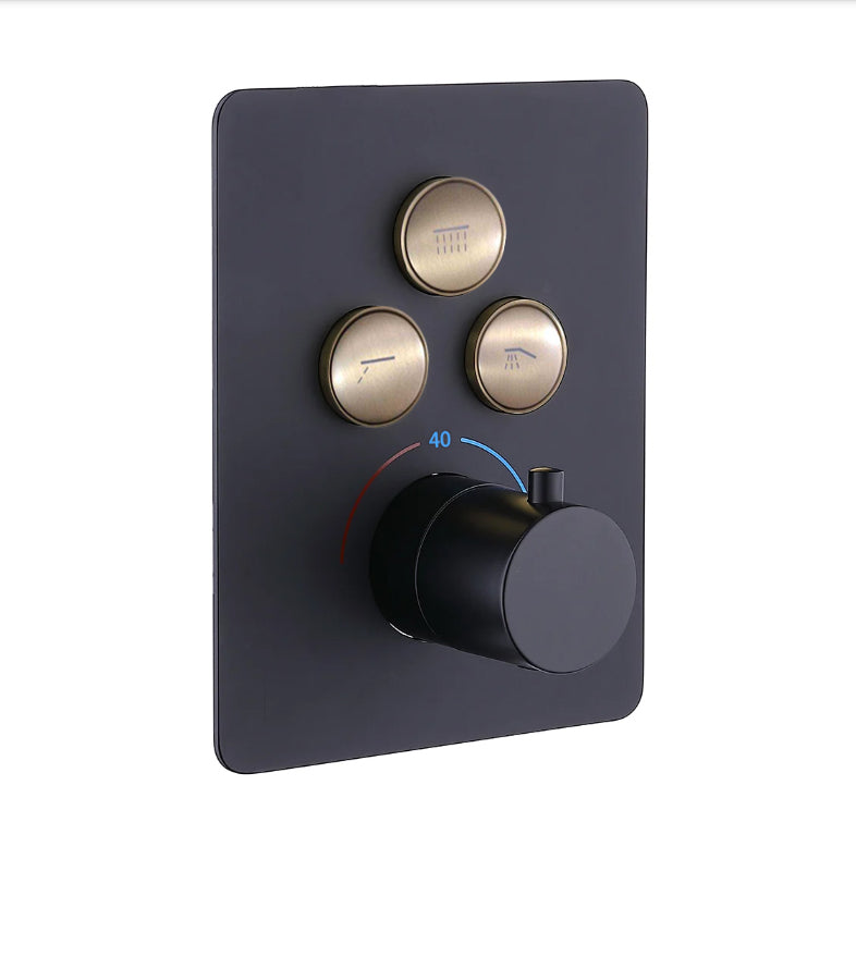 250mm Thermostatic Wall-Mount Rain Shower Set 3-function with Hand Shower Black & Gold - 