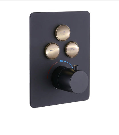 250mm Thermostatic Wall-Mount Rain Shower Set 3-function with Hand Shower Black & Gold - 