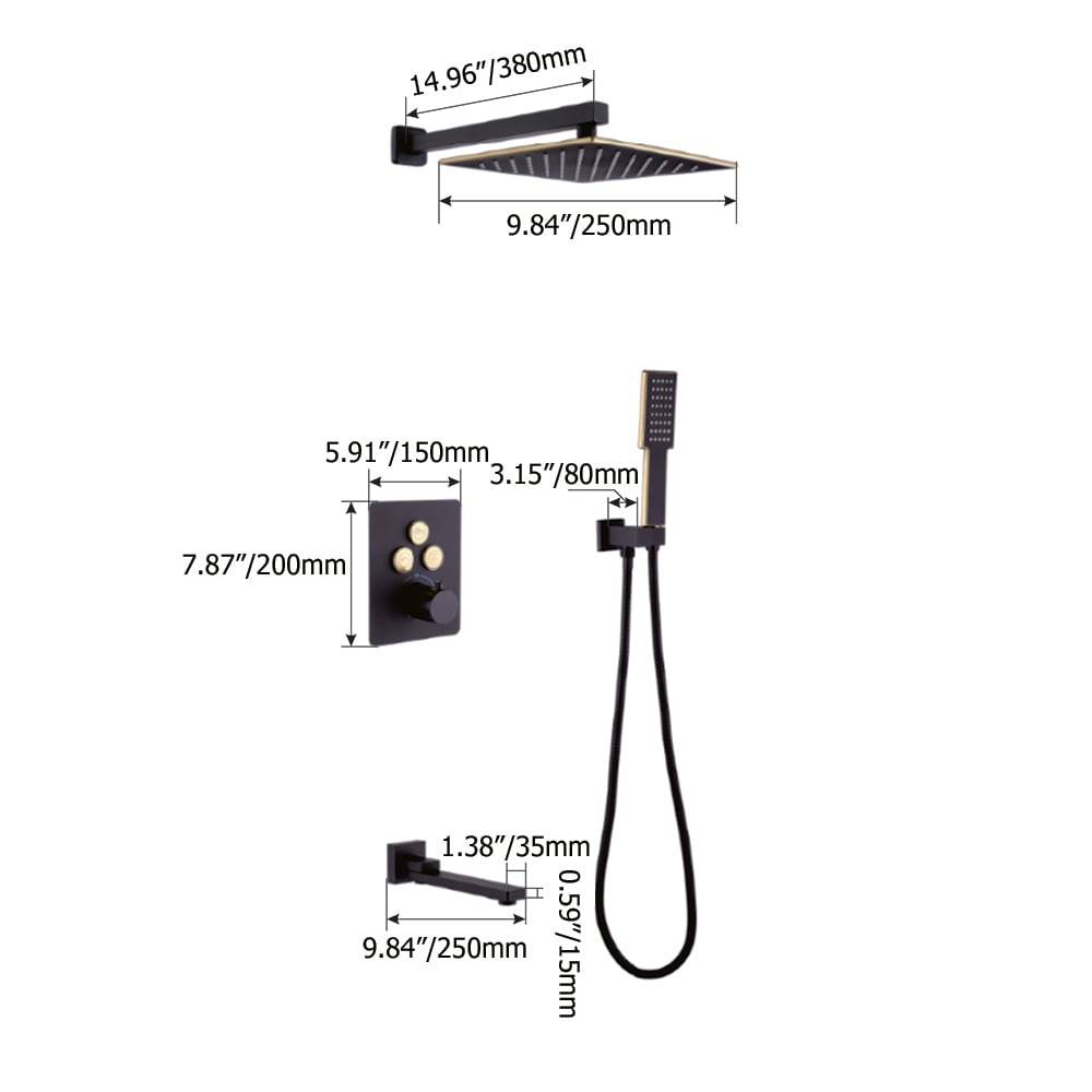 250mm Thermostatic Wall-Mount Rain Shower Set 3-function with Hand Shower Black & Gold - 