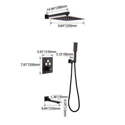 250mm Thermostatic Wall-Mount Rain Shower Set 3-function with Hand Shower Black & Gold - 