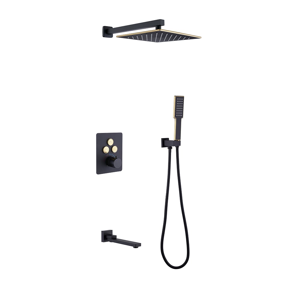 250mm Thermostatic Wall-Mount Rain Shower Set 3-function with Hand Shower Black & Gold - 