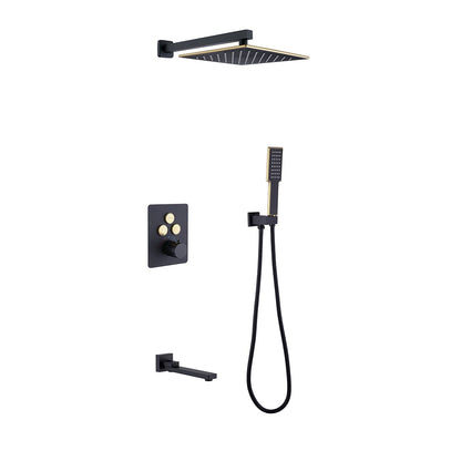 250mm Thermostatic Wall-Mount Rain Shower Set 3-function with Hand Shower Black & Gold - 