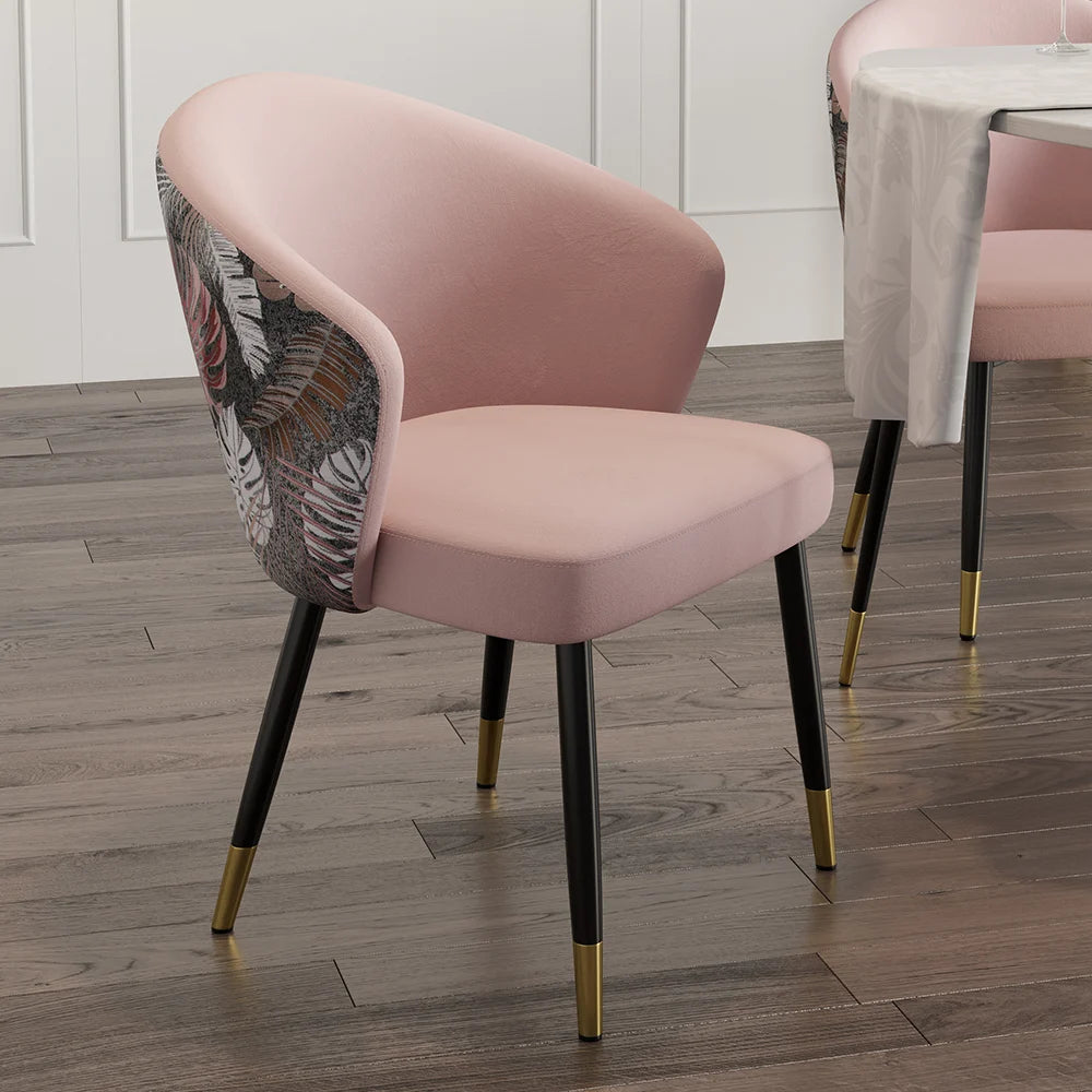 Pink Upholstered Velvet Dining Chair Modern Arm Chair in Gold & Black