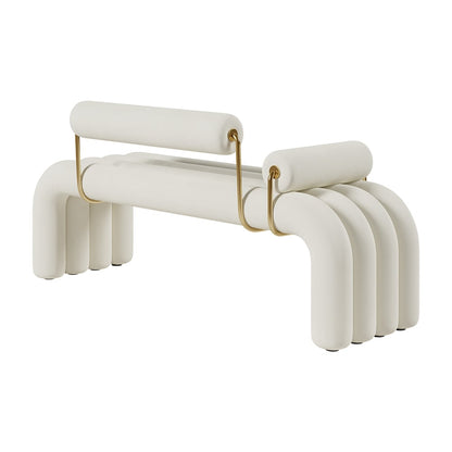 Modern White Line Tufted Bench Velvet Upholstered Entryway Bench in Gold Finish