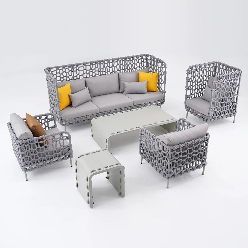 6 Pieces Aluminum & Rope Outdoor Sofa Set with Coffee Table and Cushion Pillow in Gray