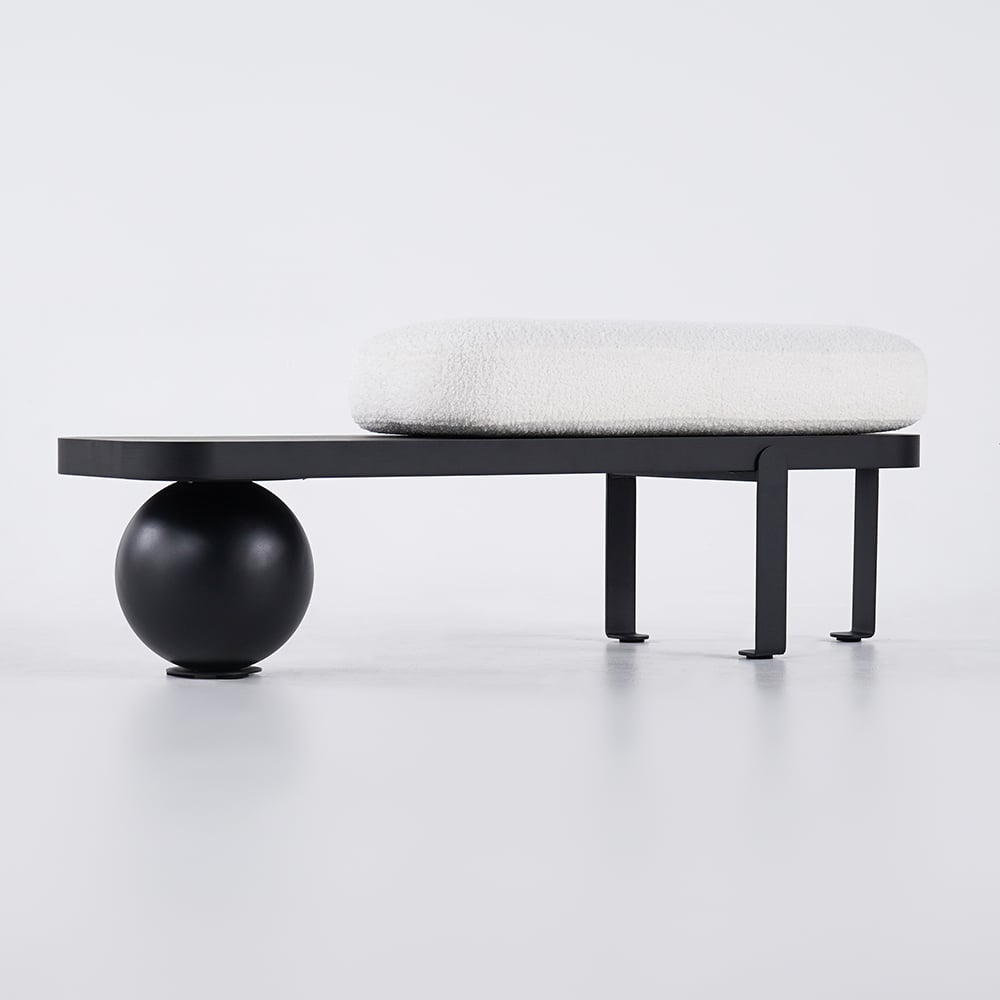 White & Black Wooden Entryway Bench Boucle Upholstered with Abstract Metal Legs