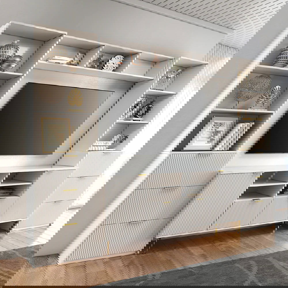 2900mm Fluted Wood Storage 4-Piece Entertainment Center with Bookshelf White TV Stand - 