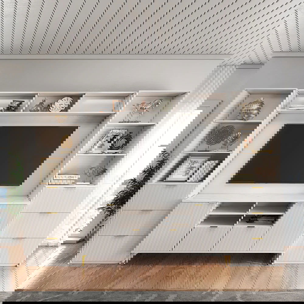 2900mm Fluted Wood Storage 4-Piece Entertainment Center with Bookshelf White TV Stand - Homary