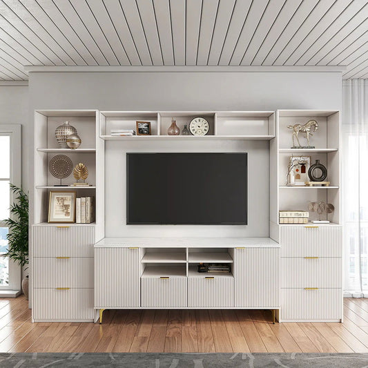 2900mm Fluted Wood Storage 4-Piece Entertainment Center with Bookshelf White TV Stand - Homary
