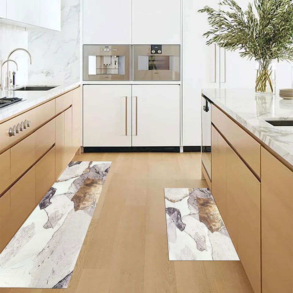 2 Pieces Modern Gold Kitchen Runner Mats Non-slip Abstract Kitchen Mat Set - 