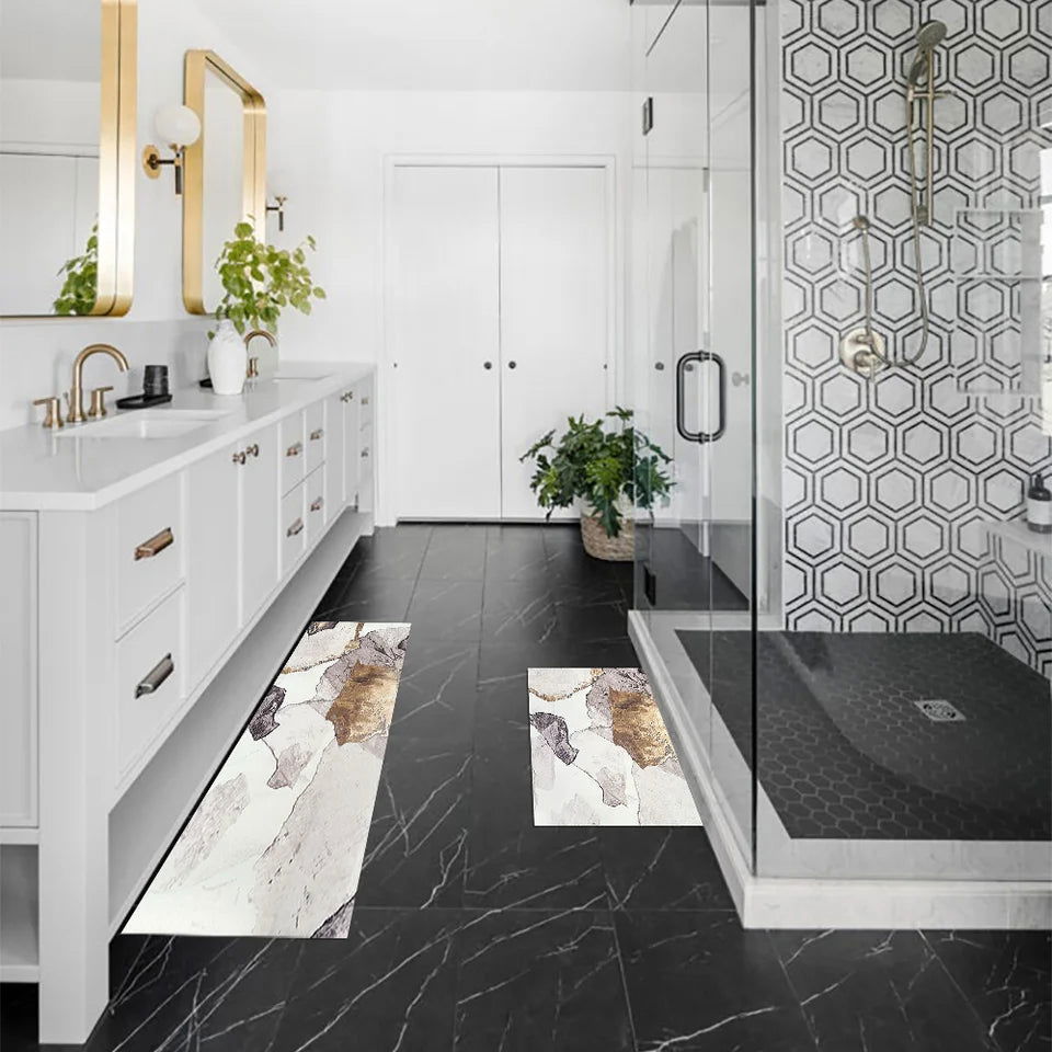 2 Pieces Modern Gold Kitchen Runner Mats Non-slip Abstract Kitchen Mat Set - 