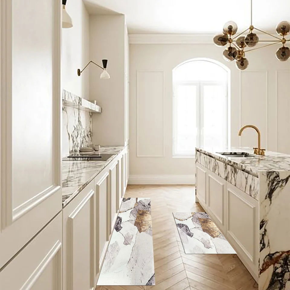 2 Pieces Modern Gold Kitchen Runner Mats Non-slip Abstract Kitchen Mat Set - 