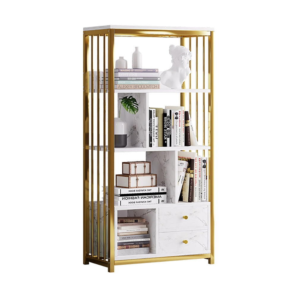 Modern White Bookshelf Wood Book Shelf with 2 Drawers in Gold Metal Frame