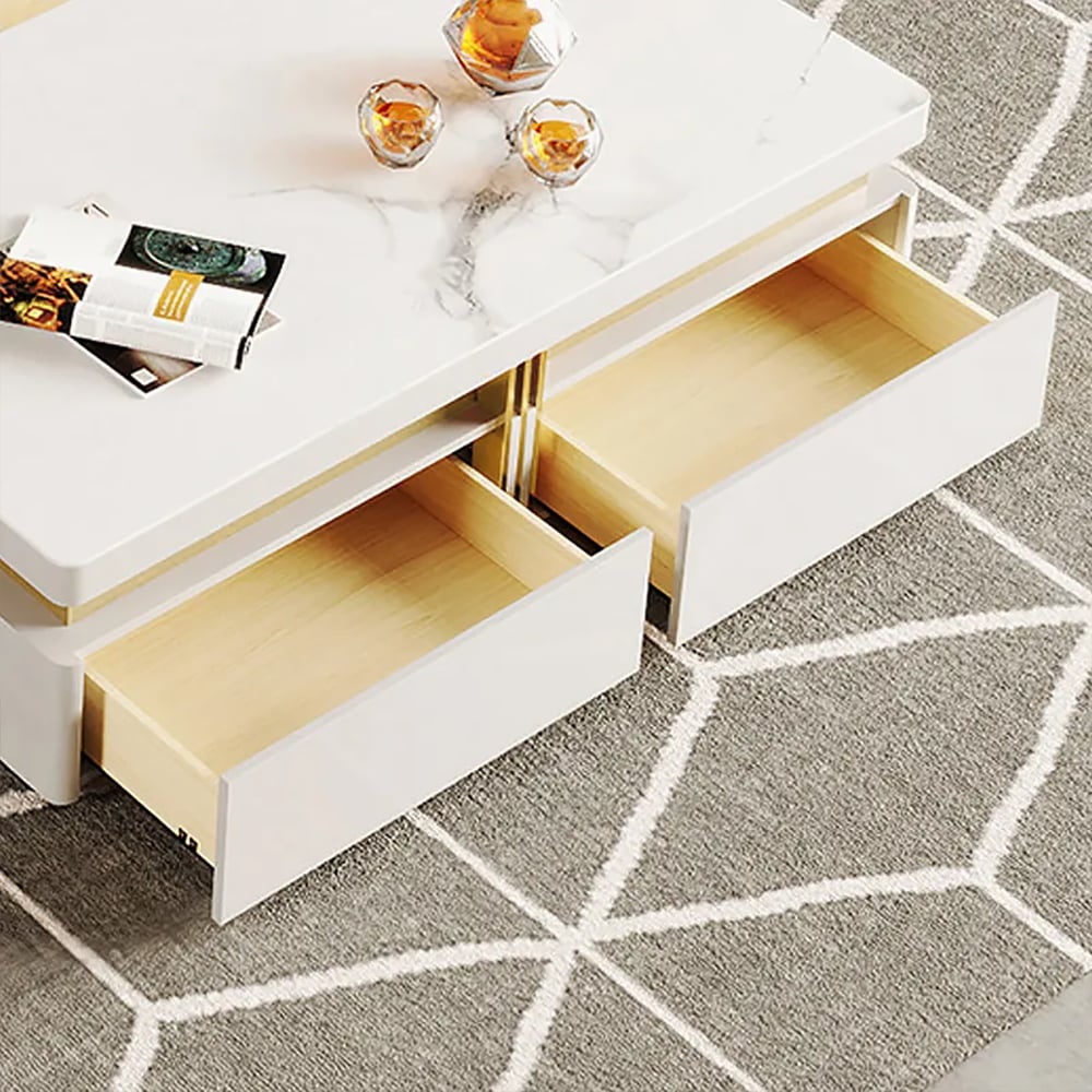 Trimied 1100mm Modern White Square Storage Coffee Table Stone Top with 4 Wood Drawers