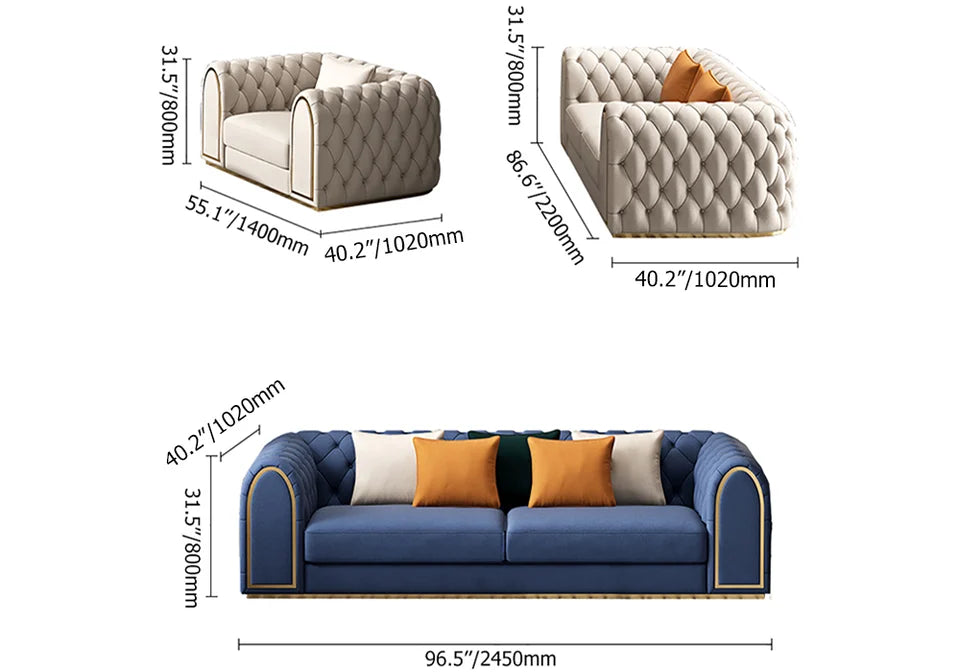3-Piece Blue & Beige Luxury Velvet Upholstered Chesterfield Sofa Living Room Set - 