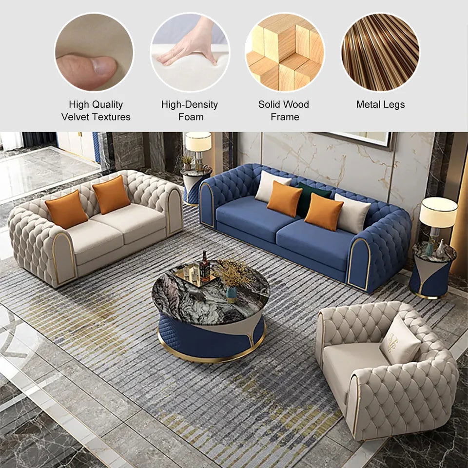 3-Piece Blue & Beige Luxury Velvet Upholstered Chesterfield Sofa Living Room Set - 