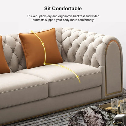 3-Piece Blue & Beige Luxury Velvet Upholstered Chesterfield Sofa Living Room Set - 