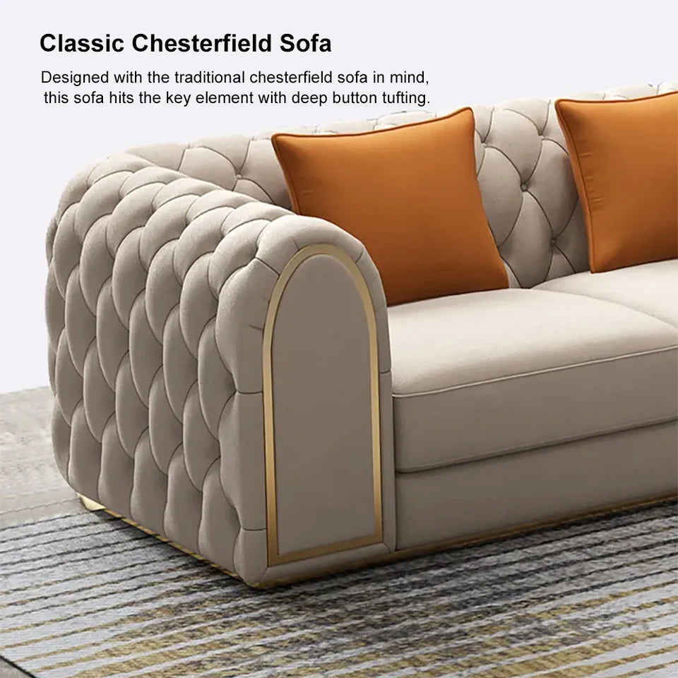 3-Piece Blue & Beige Luxury Velvet Upholstered Chesterfield Sofa Living Room Set - 