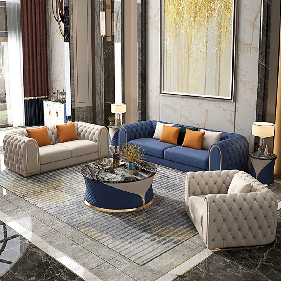 3-Piece Blue & Beige Luxury Velvet Upholstered Chesterfield Sofa Living Room Set - Homary