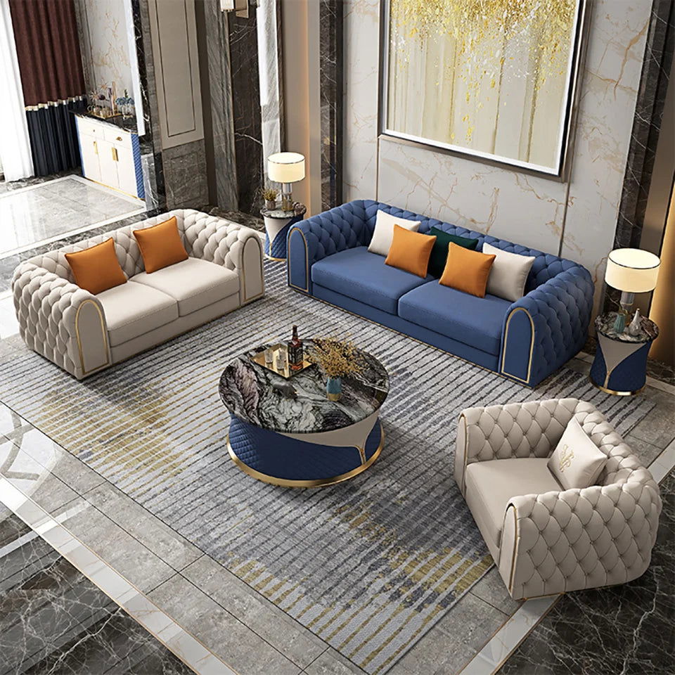 3-Piece Blue & Beige Luxury Velvet Upholstered Chesterfield Sofa Living Room Set - Homary